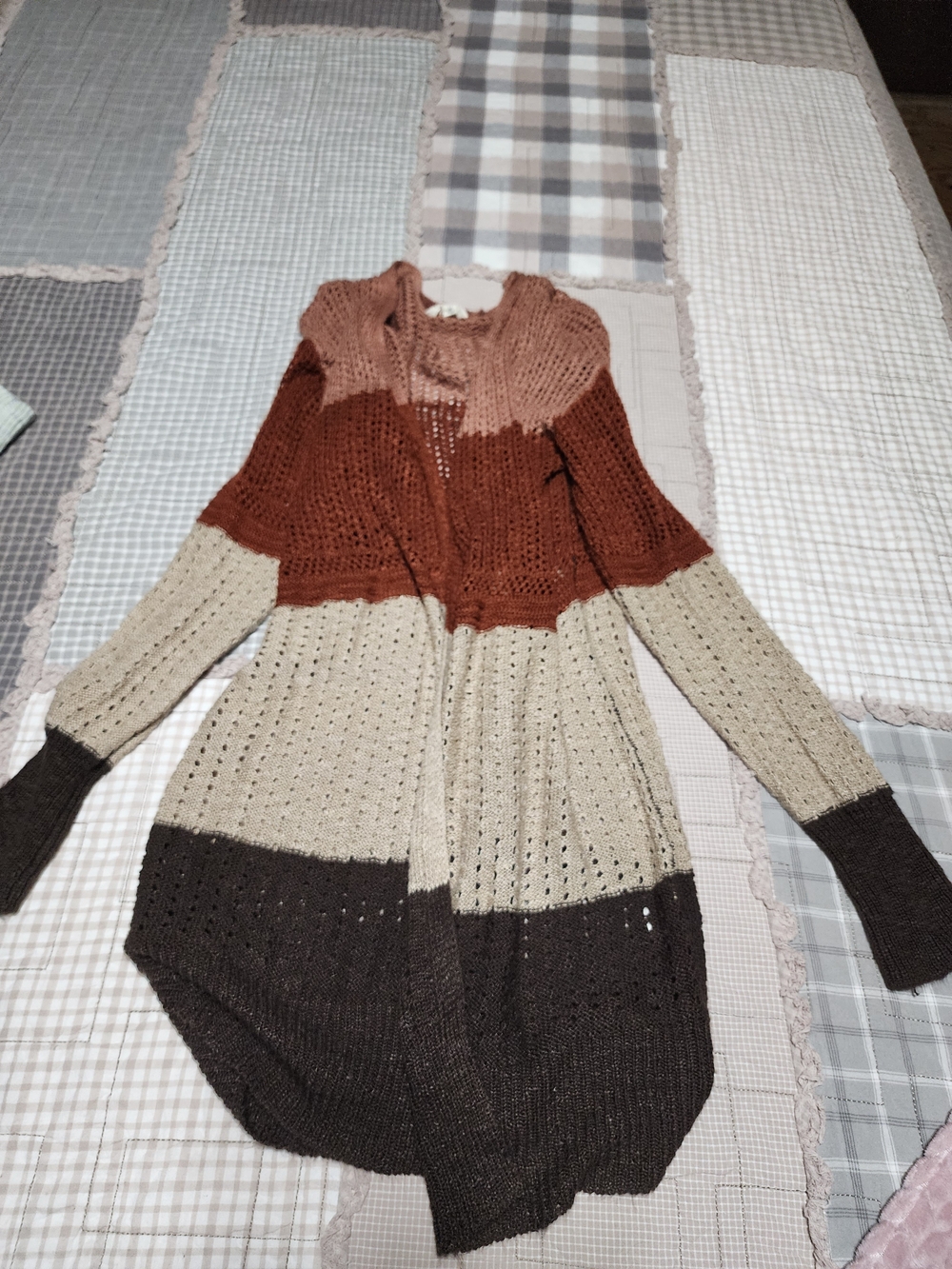 Colorblock Open-Front Women’s Cardigan Sweater - Rust, Cream & Brown